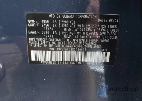 2025 Subaru Outback Premium z USA, uszkodzony, nr VIN 4S4BTAFC8S3130905